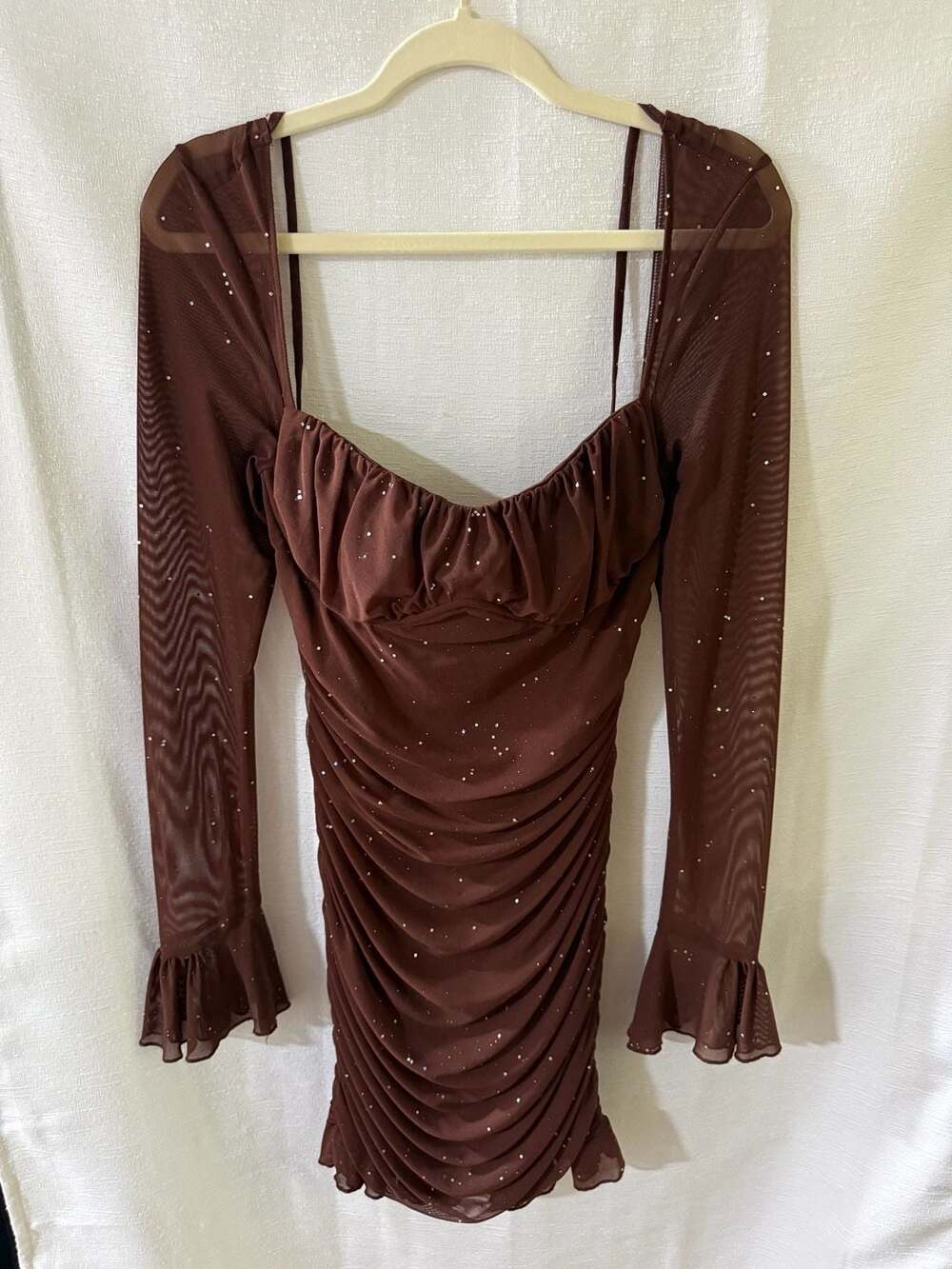 Parthea Brown Mesh Ruched Long Flounce Sleeve Glitter Mini Dress